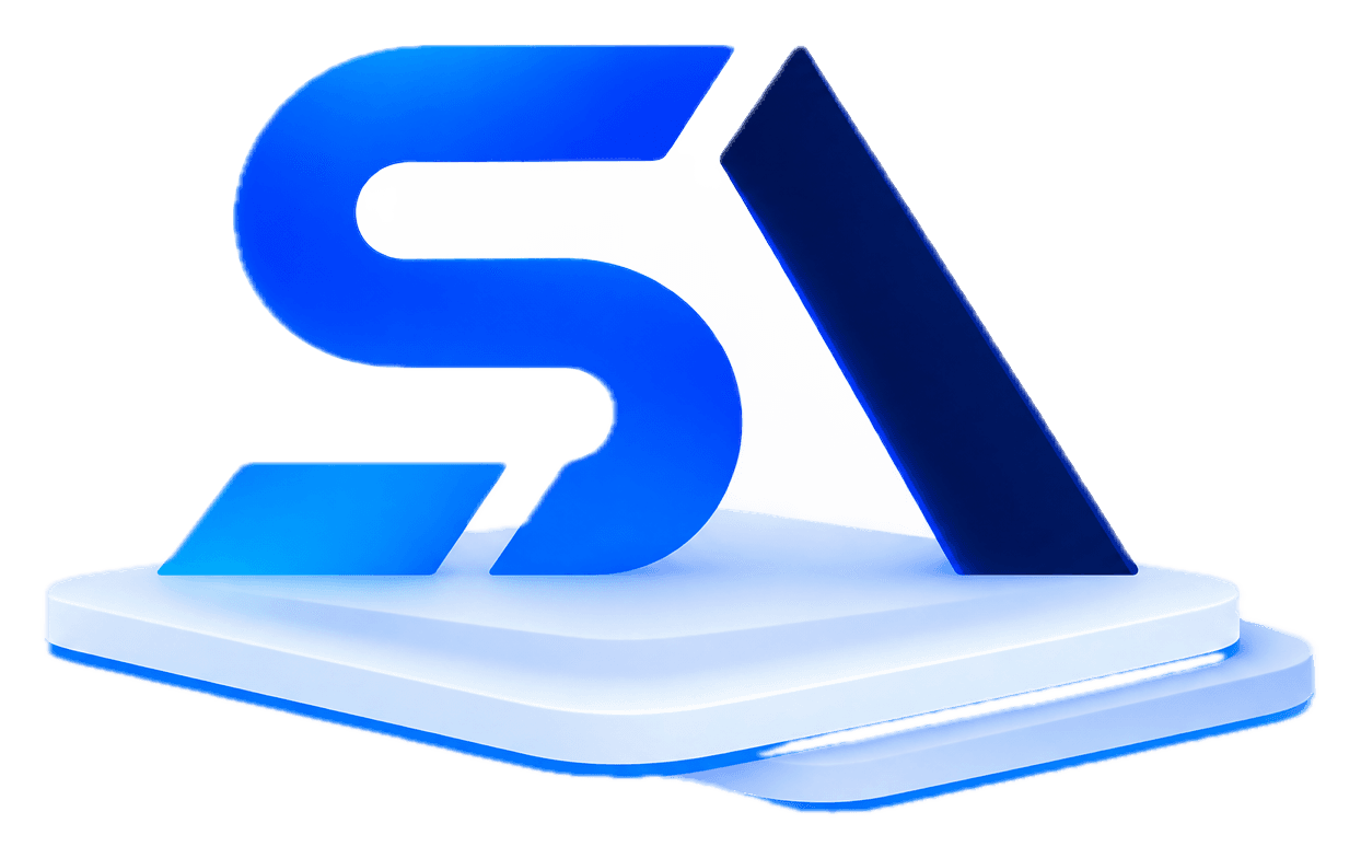 SoftwareAge 3D logo — the SA monogram on a glowing platform